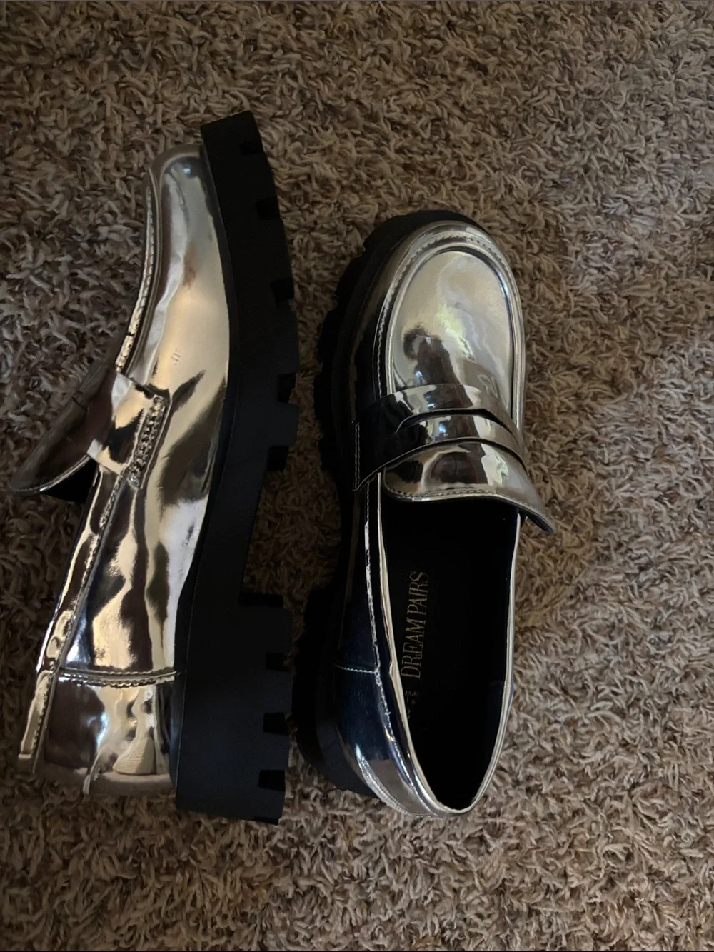 Dream Pairs Silver Mirror Platform Loafers